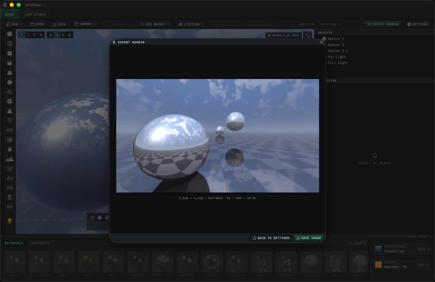 Orbit 3D export render dialog showing chrome spheres on a checkered plane
