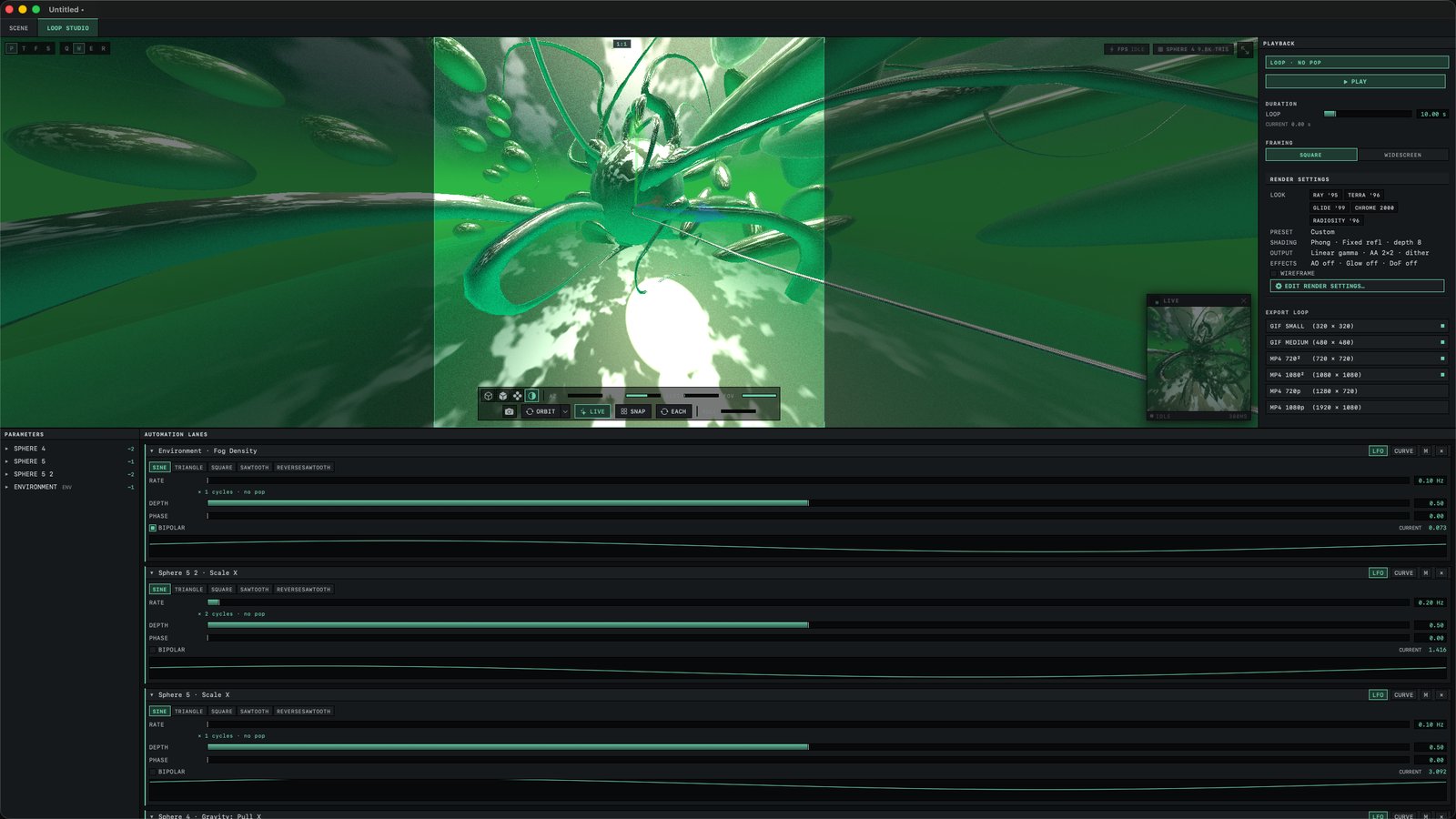 Orbit 3D Loop Studio with automation lanes animating a chrome sphere scene