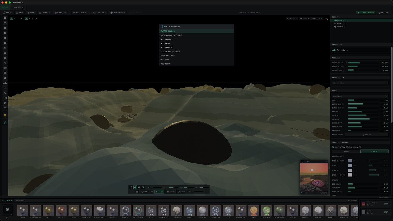 Orbit 3D command palette open over a terrain editing session