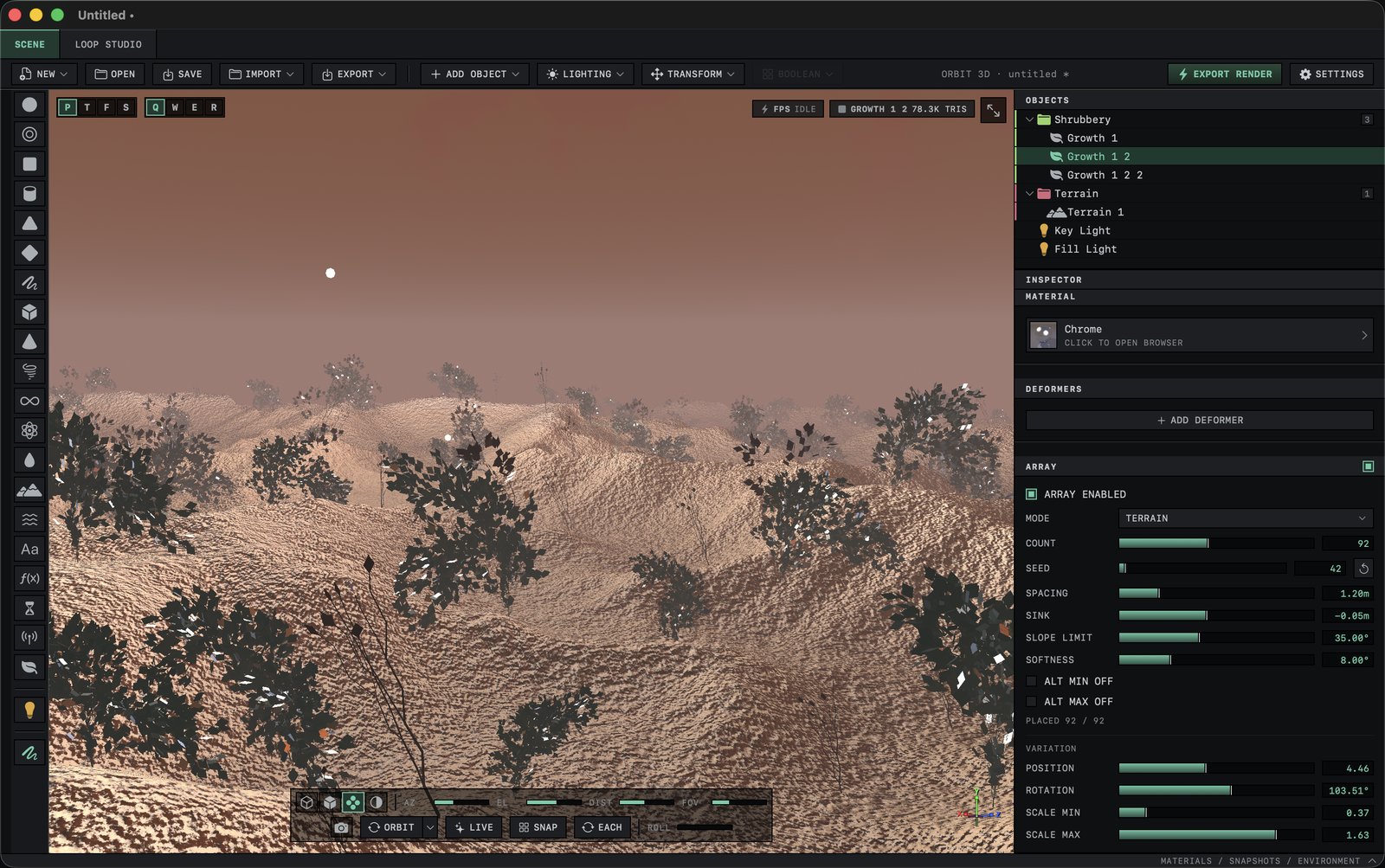 Orbit 3D editor showing a shaded terrain with scattered shrubs and the array inspector