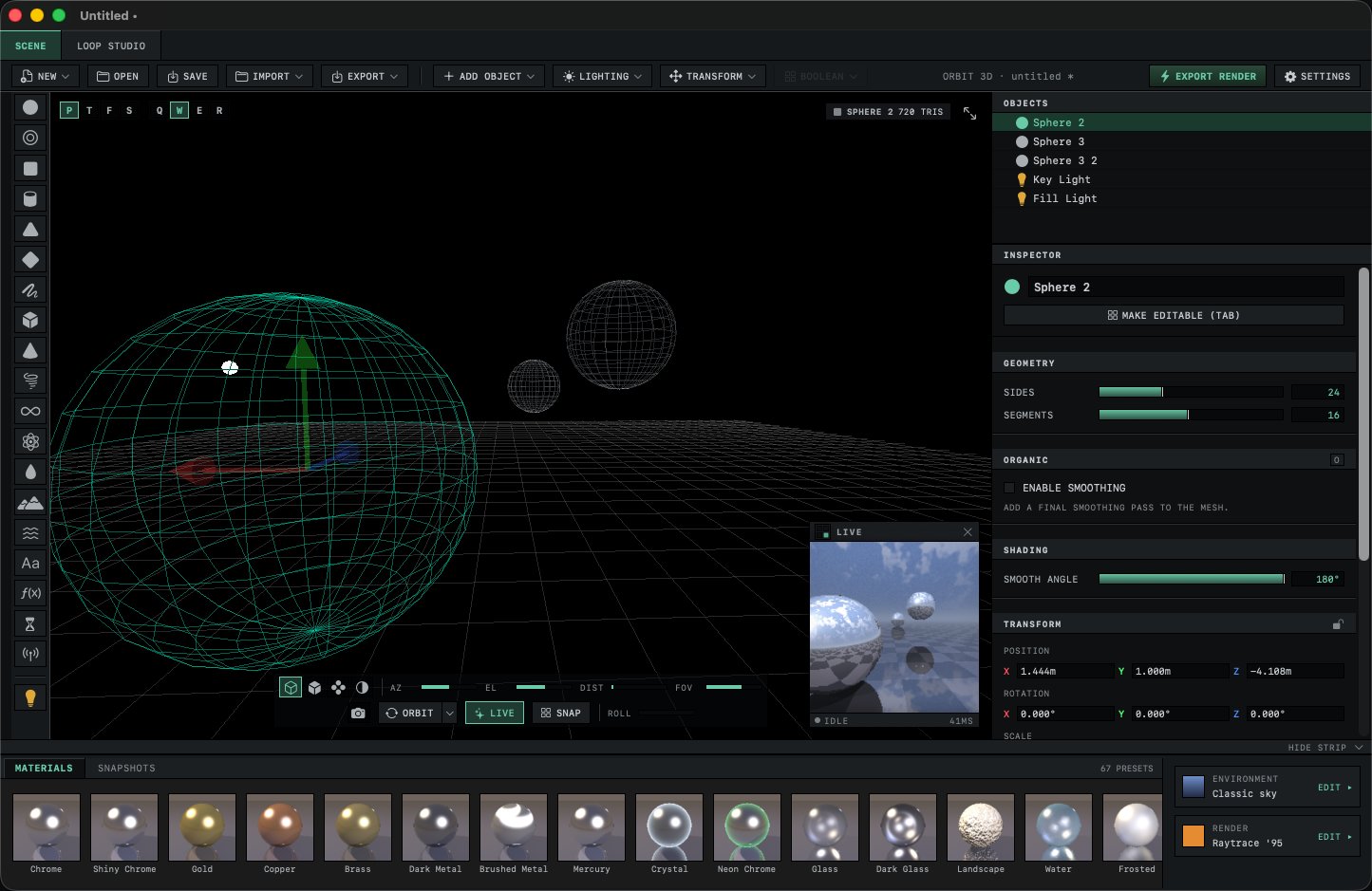 Orbit 3D wireframe viewport with three spheres and a live ray-traced preview panel